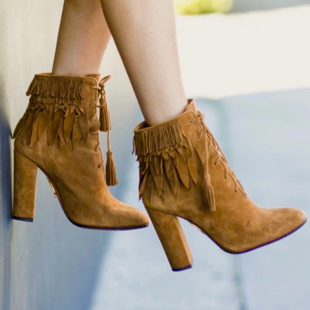 Aquazzura Woodstock Brown Suede Fringe Booties Size 41 US Size 10